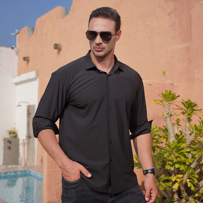 Cross border plus size men's high elasticity solid color long sleeved shirt, spring and autumn new style, fat guy business casual versatile shirt