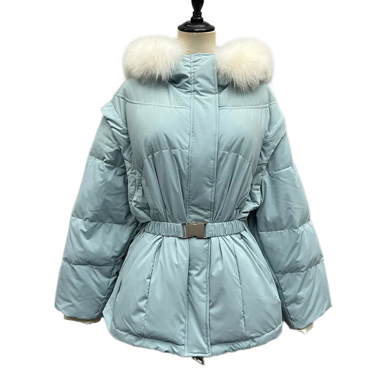 Loose fox fur collar down jacket womens winter inflatable jacket oversized jacket with detachable sleeves 241023