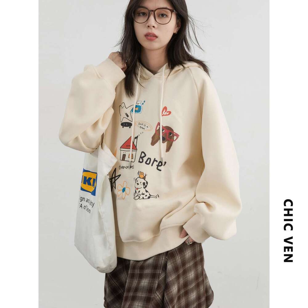 CHIC VEN Women Sweatshirts Loose New Streetwear Casual Hooded Printed Long Sleeved Female Fleece Top Autumn Winter 2024