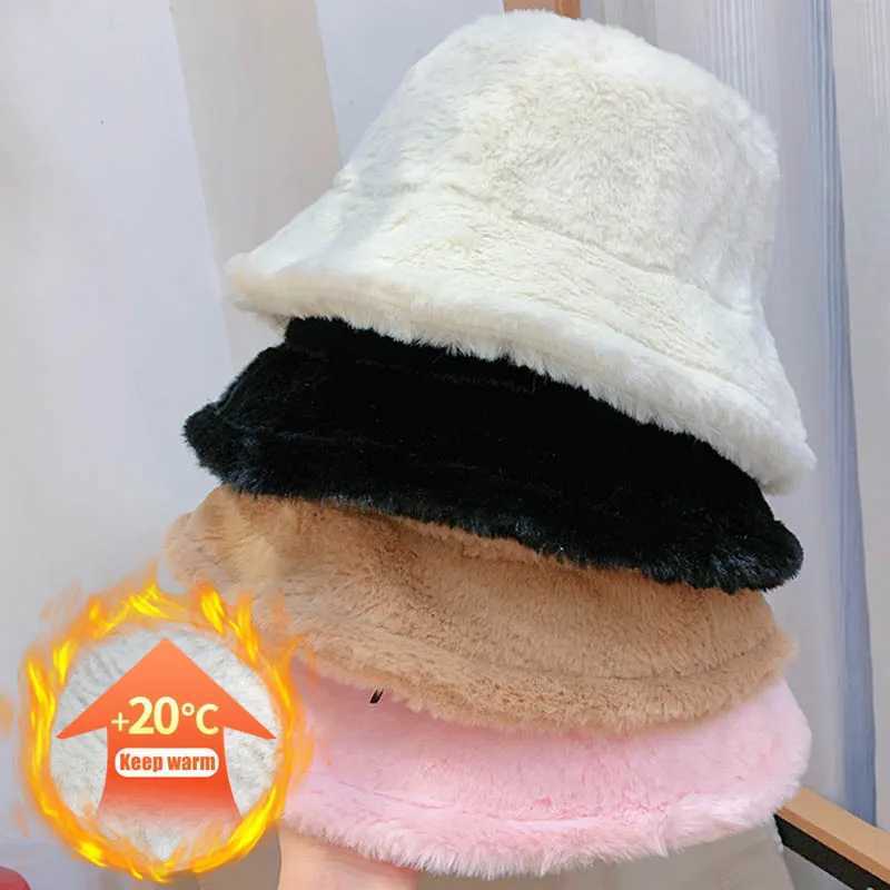 Plush fluffy fur bucket hat suitable for warm and soft girls in autumn Korean version hat hat solid cotton outdoor sun hat X241023