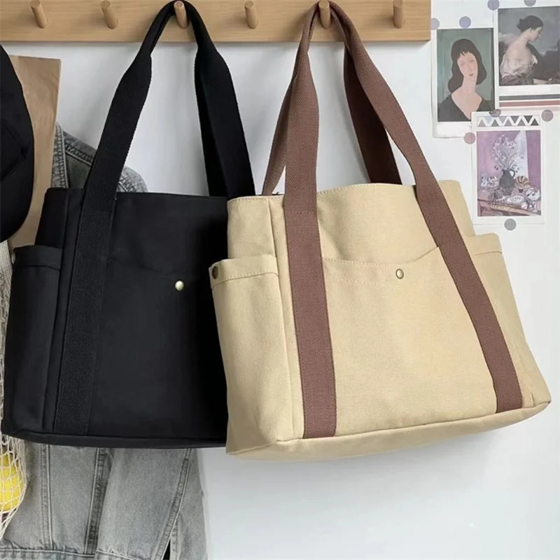 Large Capacity Canvas Shoulder Bag Woman Work Out Commuting Student Bags Unlined Load Book Cloth Wear Resistant 241017