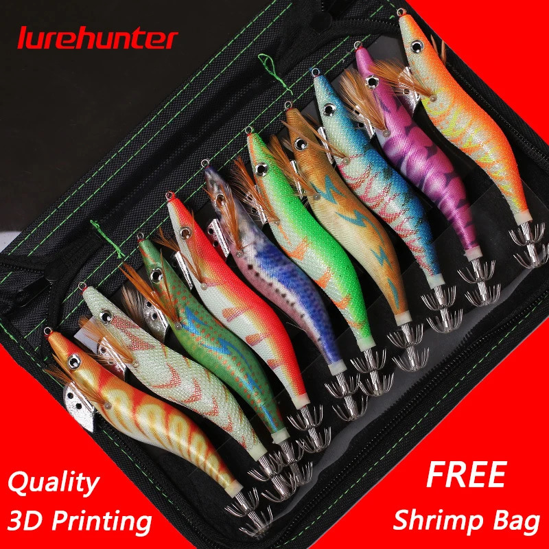 10PCS with Shrimp Bag 3D Printing 25 30 35 Hook Luminous Squid Jig Fishing Wood Lure Cuttlefish Jigs Lures 241024
