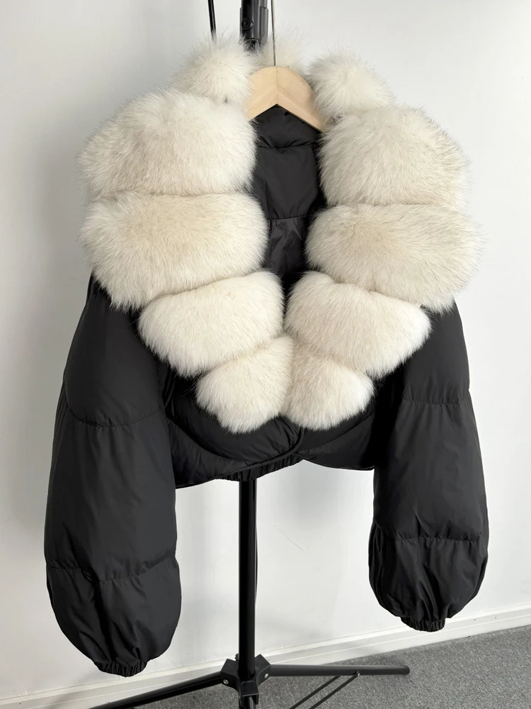 Janveny Fur Coat Womens Winter 90% White Duck Down Jacket Super Large Natural Fox Fur Collar Womens Inflatable Park 241023