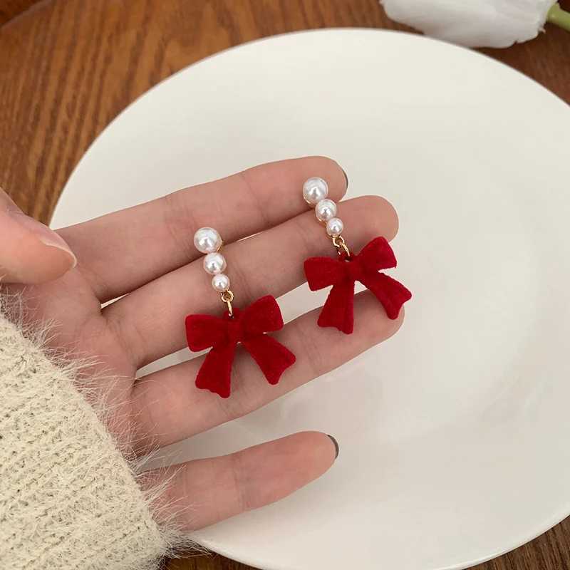 Red and black bow earrings suitable for women simulated pearl cloth bow earrings jewelry earrings exquisite gifts W241023