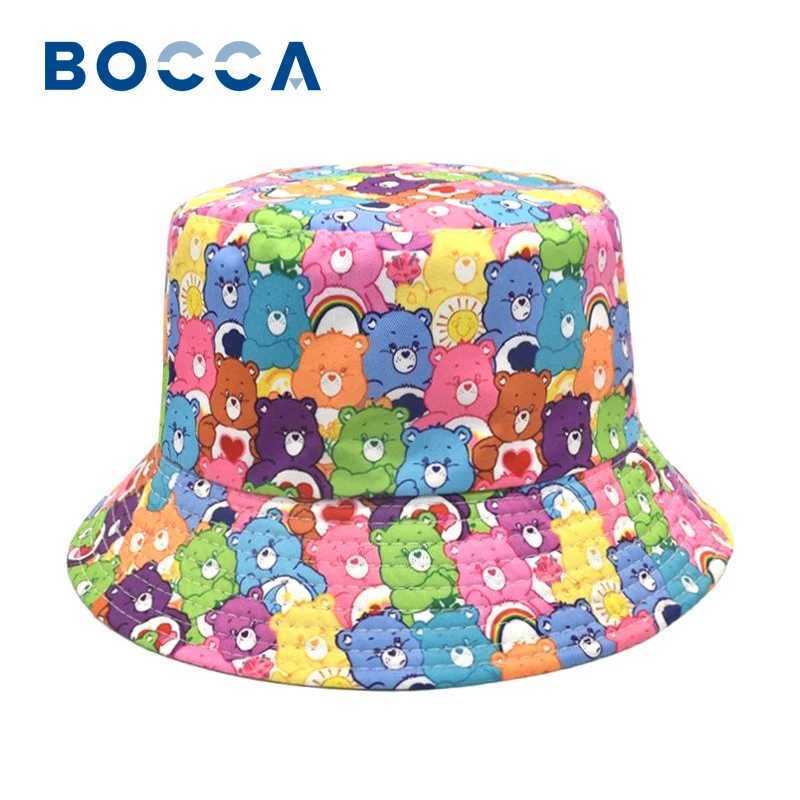 Bocca Cartoon Bear Bucket Hat with Colorful Cute Pattern Printing Fishermans Hat Double sided Panama Hat Mens Text Outdoor Travel X241023