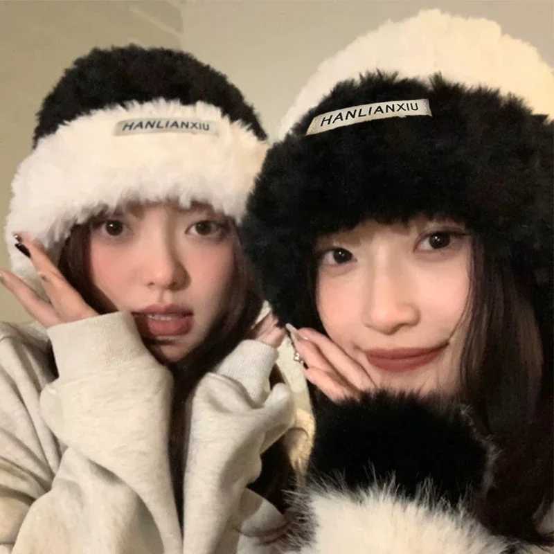2024 Fashion Rabbit Leather Y2k Beanies Gentle Soft Fluffy Angora Winter Knitted Hat Fem Plush Windproof Hat Sklies Hat X241023