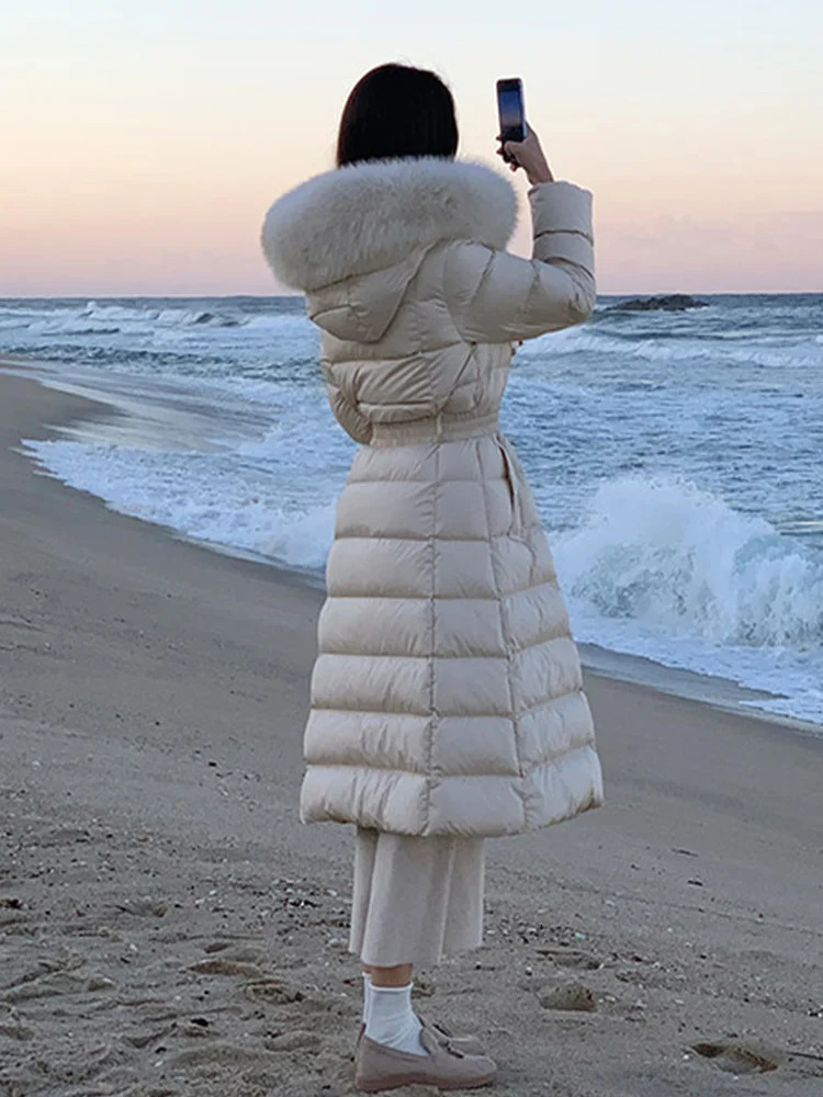 Hooded Winter Womens Big True Fox Fur Collar Duck Down Coat Womens Loose Hooded Warm Buffer Jacket T162 241023