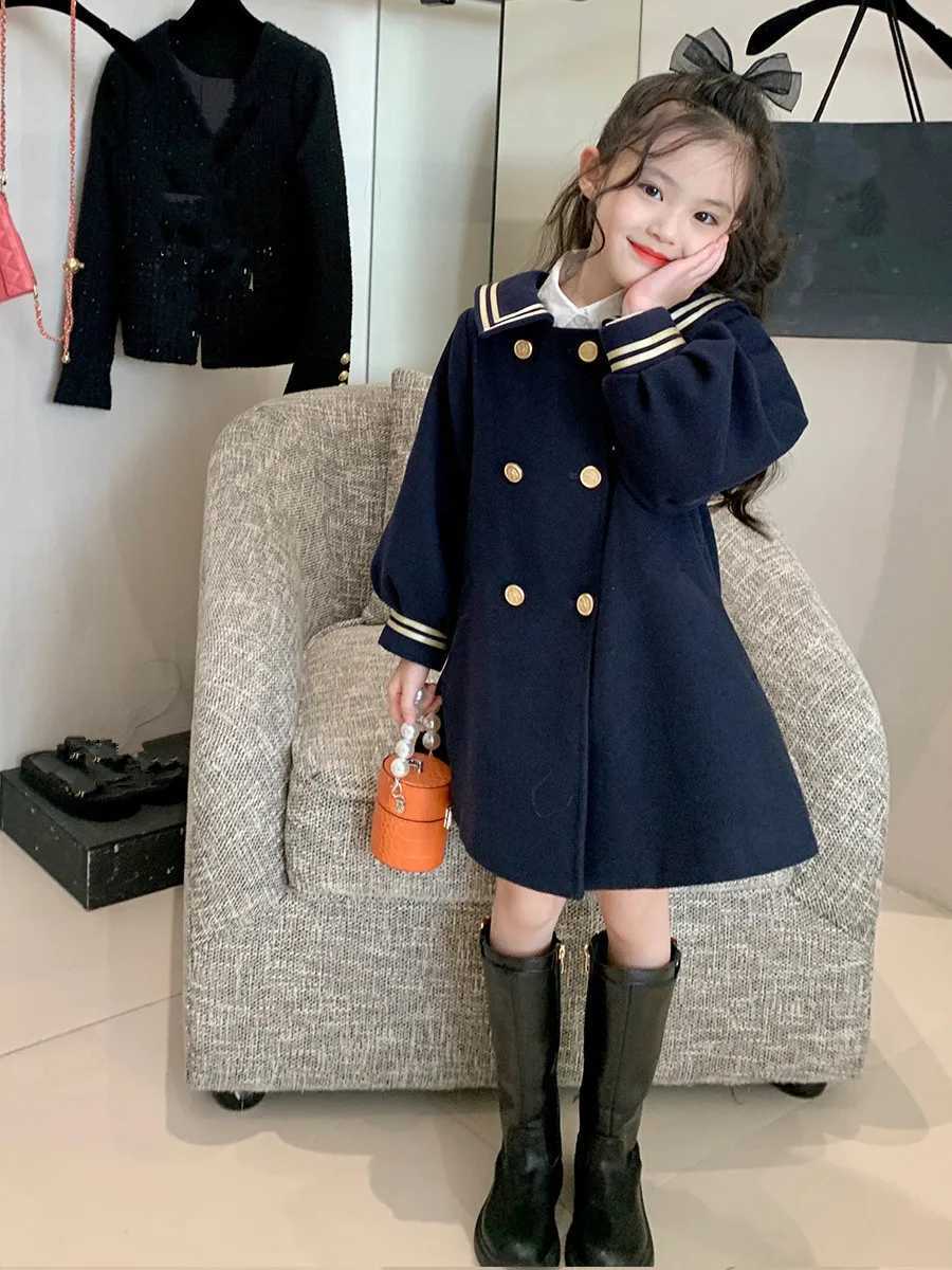 Girls mid length jacket 2023 spring/summer navy blue Sle jacket fashionable double chest clothing for little girls and children W241023