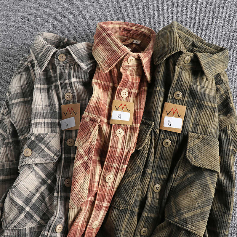 Plaid Woven Corduroy Men Shirts 100% Cotton Spring Autumn Heavy Washed Workwear Blouses Retro Ameki Western Style Casual Tops