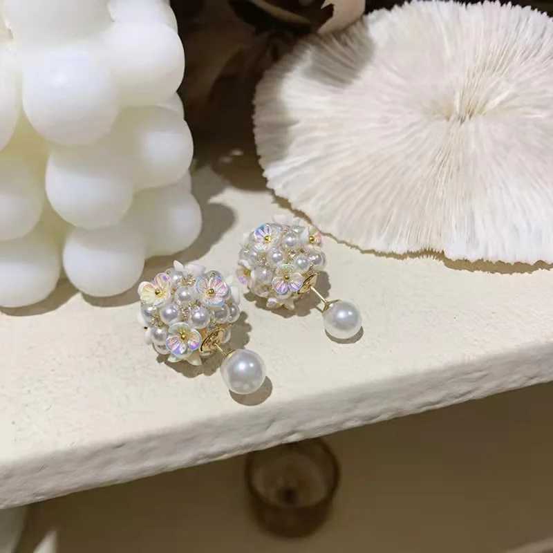 White Shell Flower Pearl Stud Earrings For Women Ball Double Side Elegant Earrings set Exquisite Vintage Fashion JewelryX241023