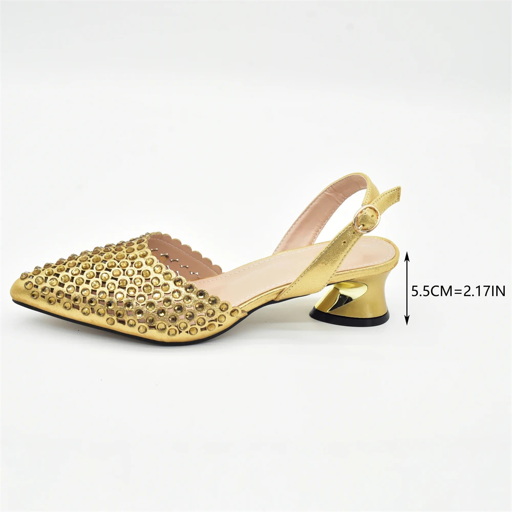 New Fashion Gold Color Shoes Bags To Match Nigeria Party Women's Wedding Bag And Shoe Set Decorated With Rhie