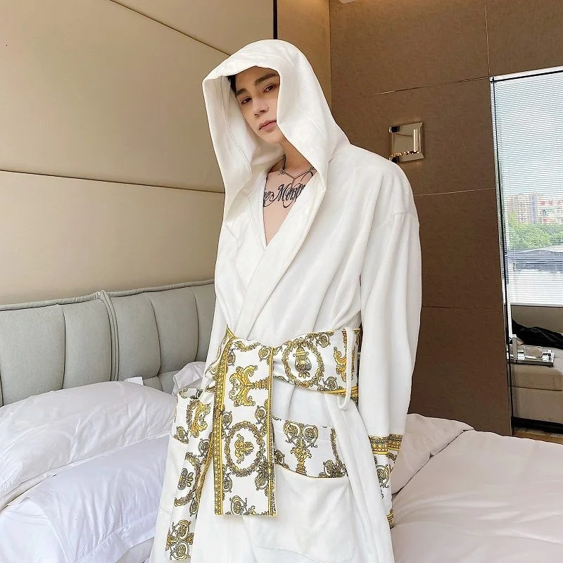 IEFB Winter Thick Comfortable Velvet Light Hoodie Long Night Light Mens Fashion Robe Belt Warm Clothes 9Y9924 241023