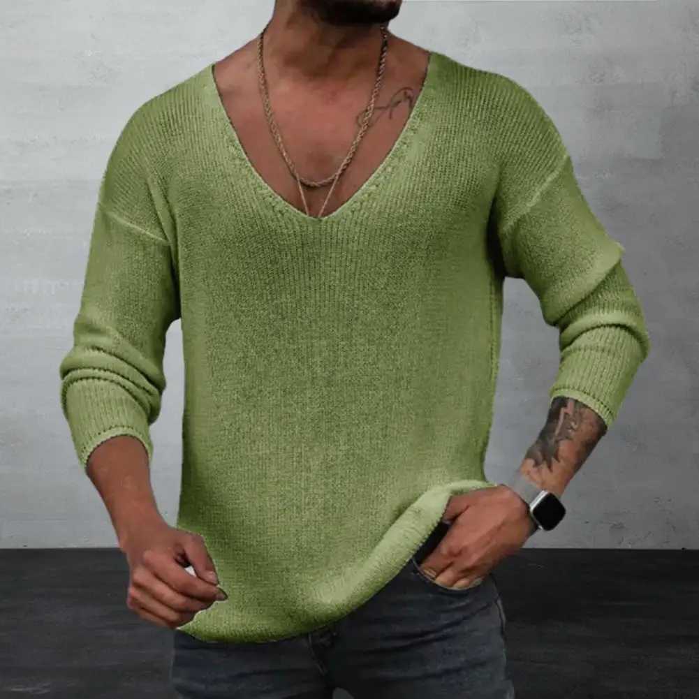 Men Spring Autumn V-neck Long Sleeve Sweater Loose Fit Solid Color Bottoming Pullover Tops Simple Casual Knitting Tee Tops LX241024