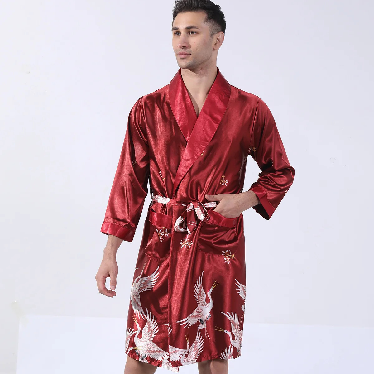 Mens kimono Bathrobe loose sleepwear terrace silk dyed home clothing mens casual sleepwear with belt evening gown 241023