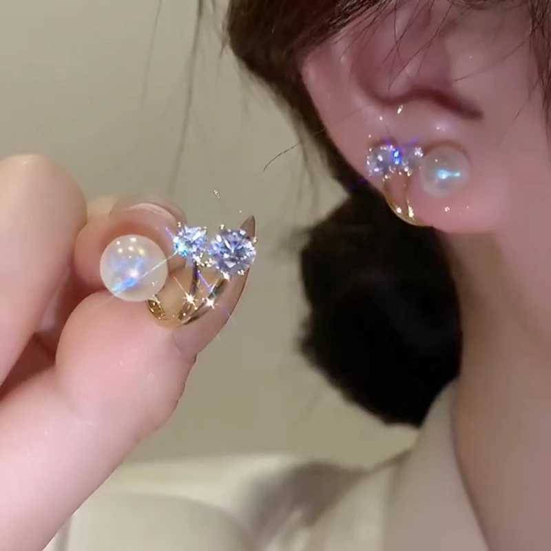 Korean Unique Pearl Crystal Back Double Sided Stud Earrings for Women Jackets Curved Piercing Ear Jewelry Pendientes GiftX241023