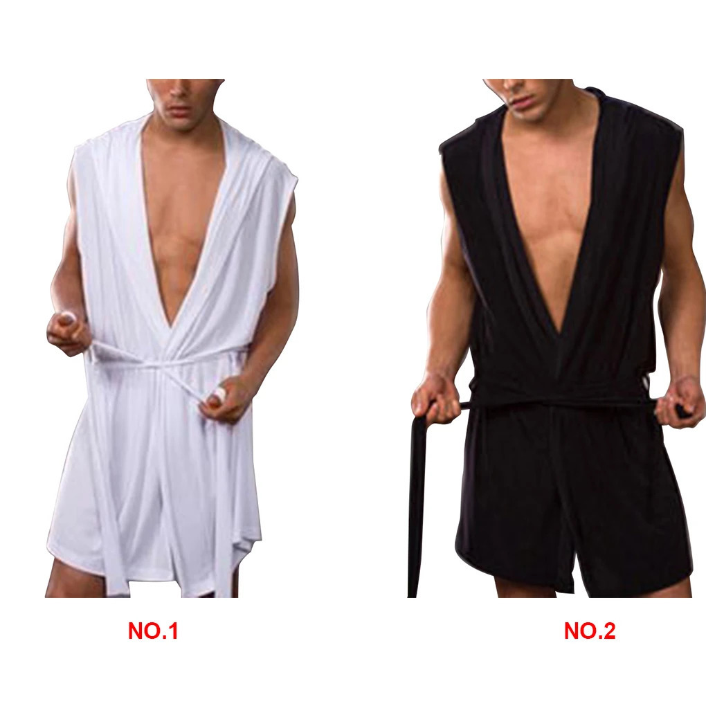 Mens summer bathroom silk hooded sleeveless bathroom pajamas 241023