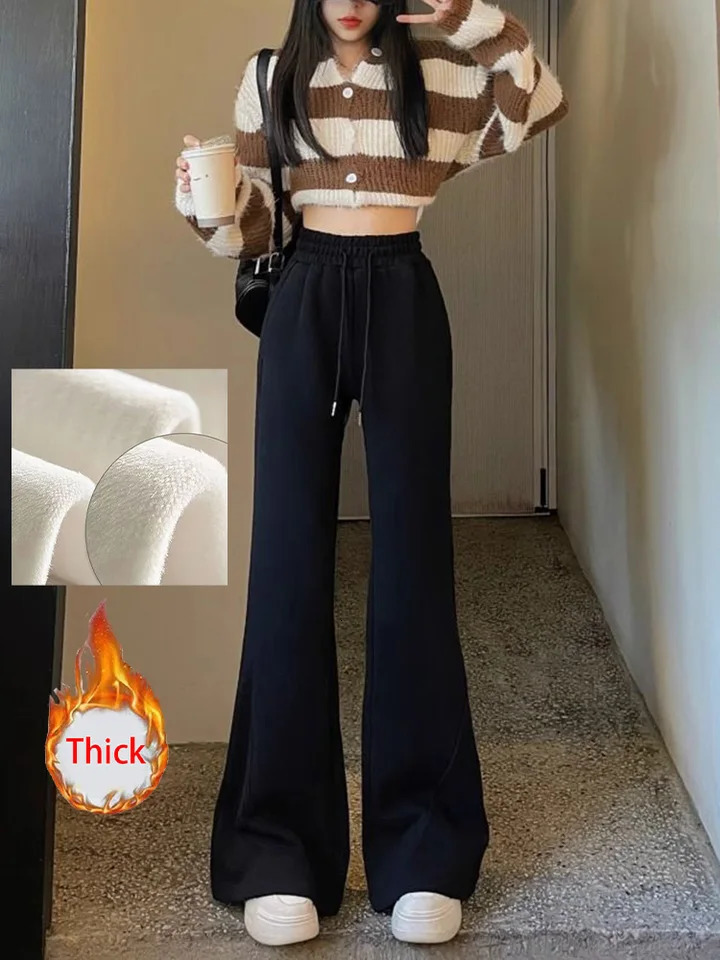 Zoki Korean Winter Thick Flare Pants Womens Casual High Waist M-3XL Grey Trouser Lace Pocket Loose Street Clothing Sports Pants 241023