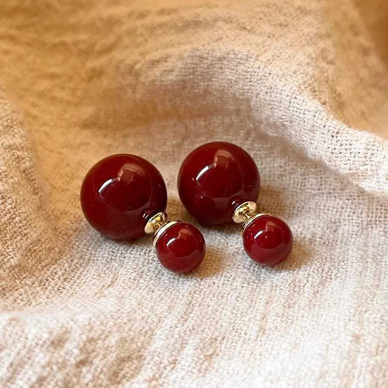 Vintage Fashion Double-sided Simulation Pearl Stud Earrings for Women Lucky Red Color Temperament Charm New Year Party JewelryX241023