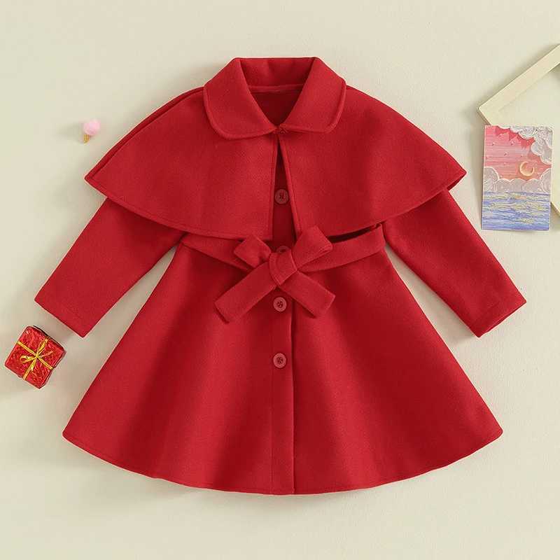 Yccutest Preschool Girls Christmas Wool Dress Coat with Cloak 2PCS Red Button Jacket Long Coat Autumn/Winter Coat W241023