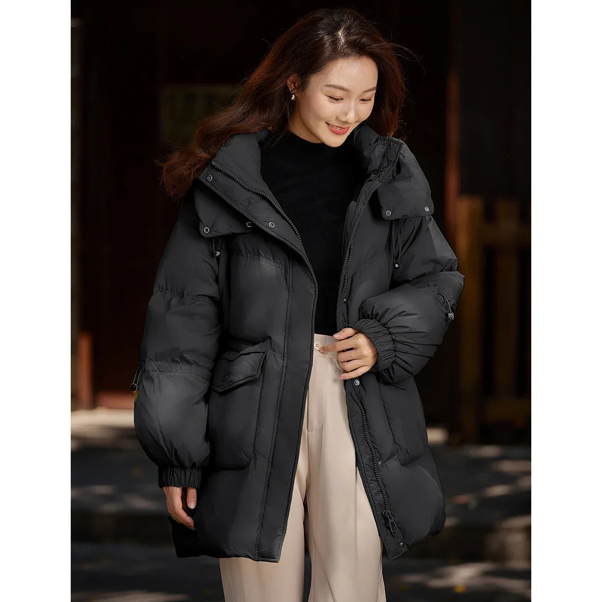 Vimly Womens Simple Hooded Zipper Duck Down Coat for Winter Lightweight and Warm Stand up Collar Long Sleeve Office Womens Clothing 241023