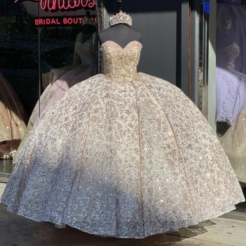 Champagne Shiny Ball Gown Quinceanera Dresses Sequin Applique Lace Beads Crystal Tull Sweetheart Vestido De 15 Anos Sweet 16 Brithday Party Dress