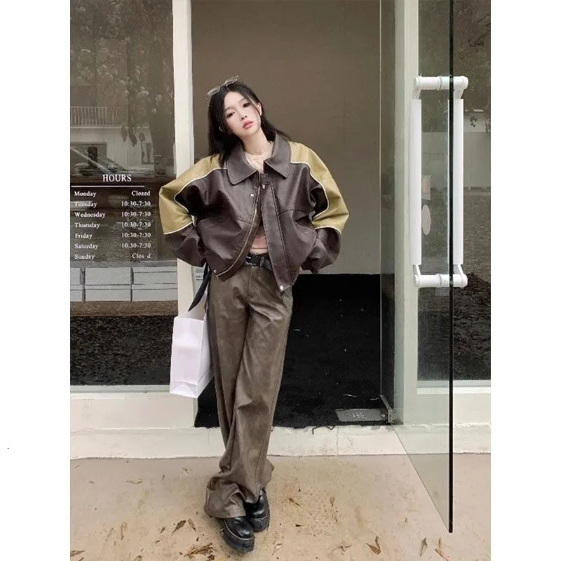 American Retro Splicing Comparison Leather Jacket Womens Y2K Street Fashion Gothic Harajuku BF Sweet Cool Motorcycle Jacket 241024