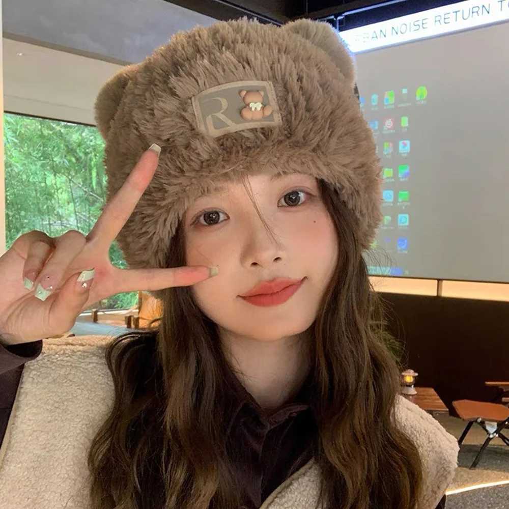 New ear protection plush hat plush cute bear bean hat wool warm hat X241023
