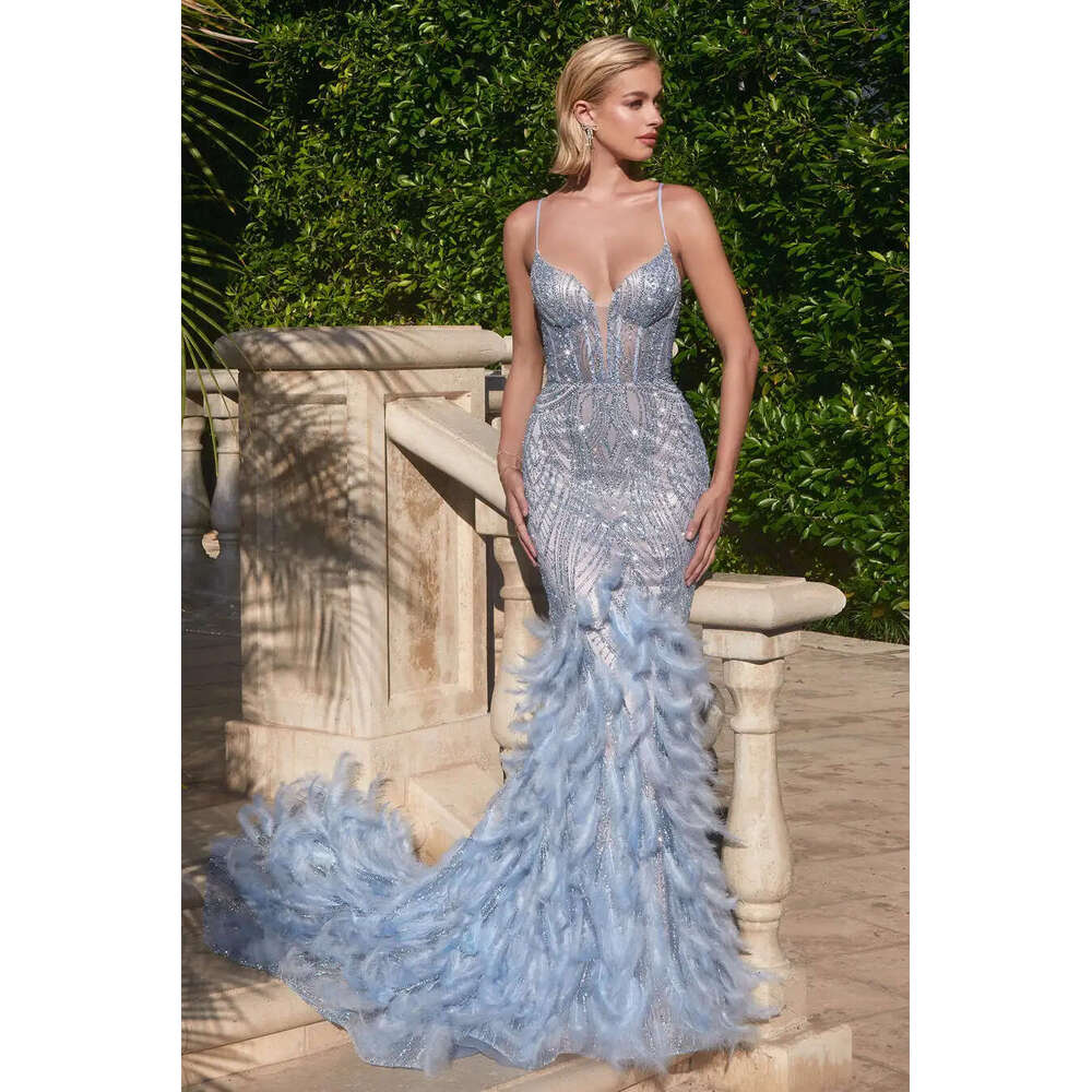 Stylish Celebrity Feather Beaded Sleeveless V Neck Mermaid Dress