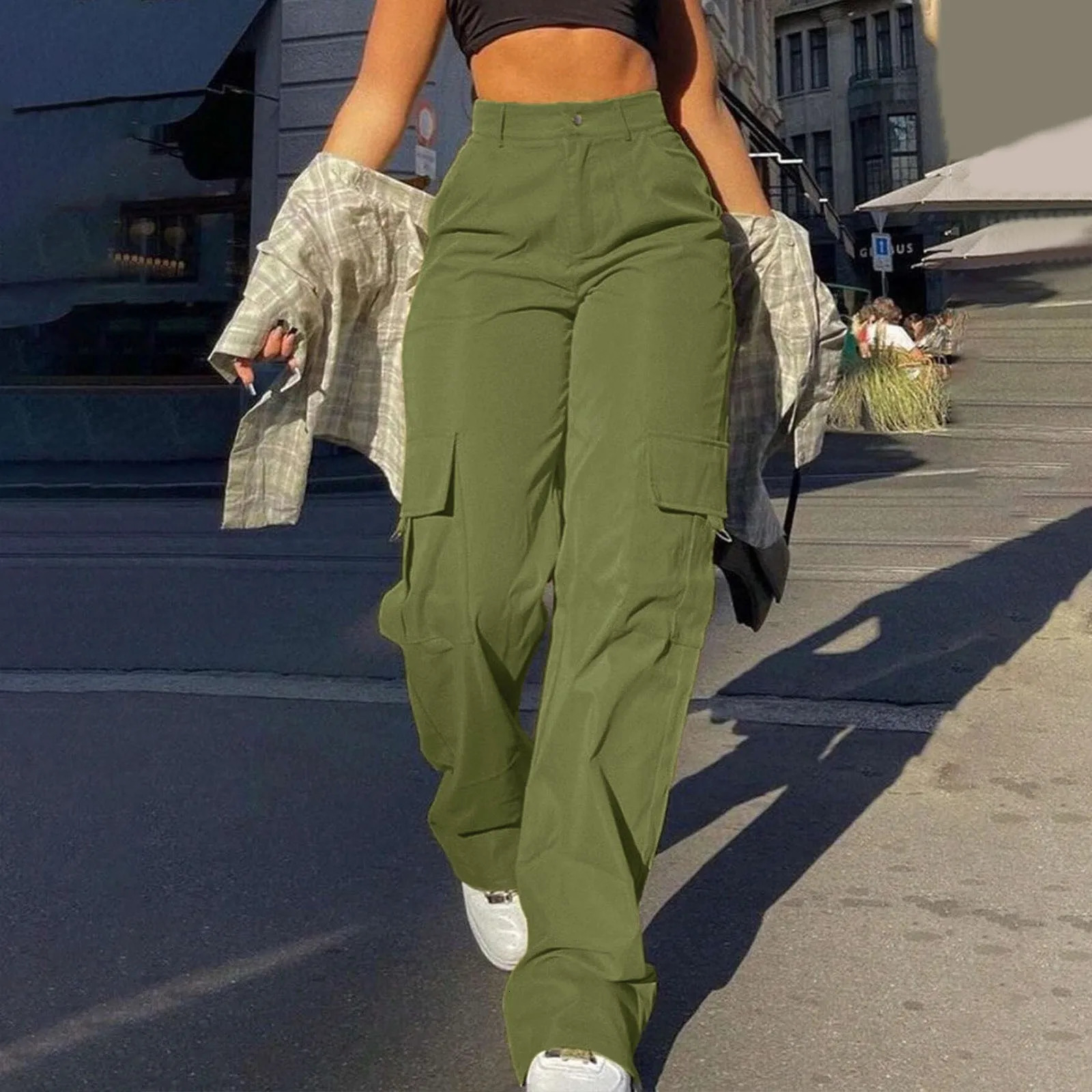 Street Clothing Basic Buckle Cargo Pants Womens Parachute Trouser Solid Straight Leg Large Pocket Full Set Y2K Sports Pants Fashion 241023