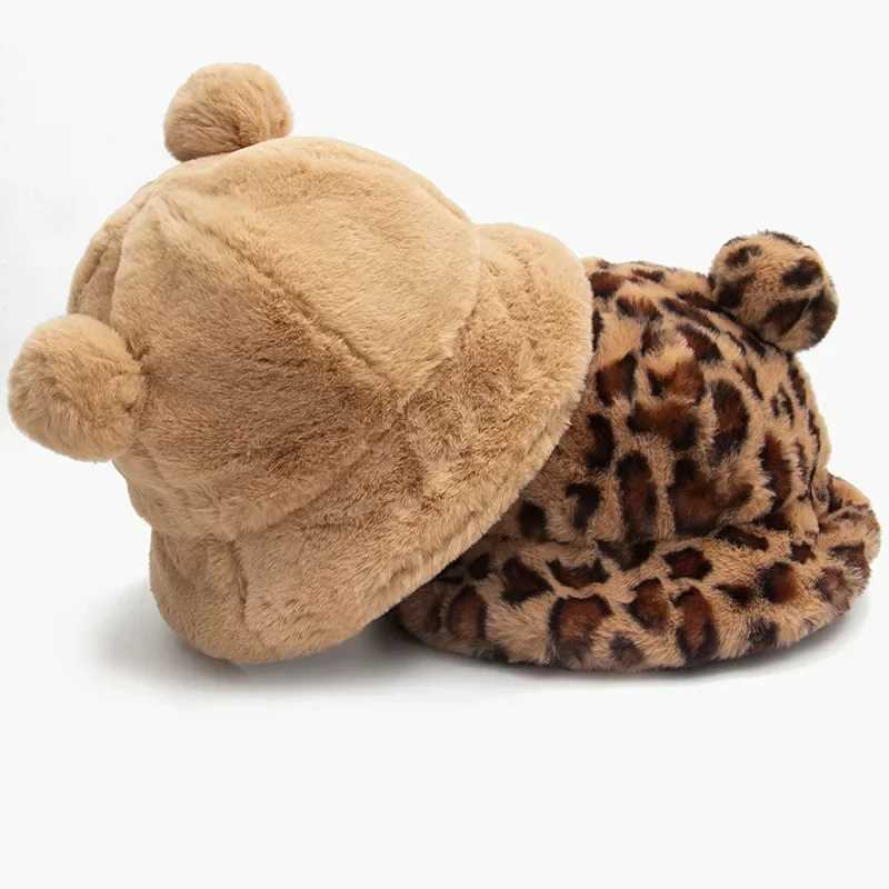 Cute autumn and winter leopard fur bucket hat bear ear ball plush fisherman hat soft thick basin hat sun protection bucket hat X241023