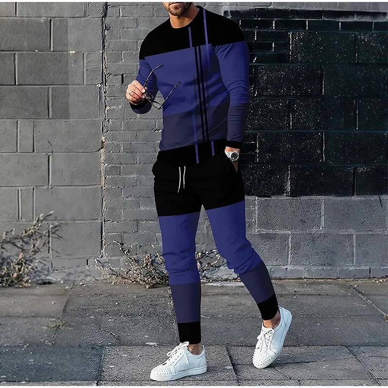 Autumn mens track and field clothing 2-piece set trend O-neck long sleeved T-shirt pants oversized loose clothing sports style mens clothing 241024