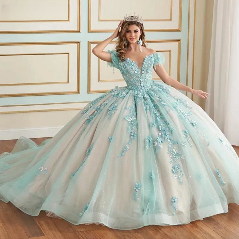 Light Green Shiny Quinceanera Dresses Ball Gown Off The Shoulder Lace Applique Beading Tull Mexico Sweet 16 Dress Vestidos De 15 Anos