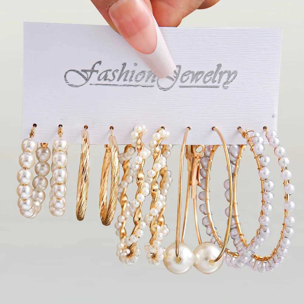 Pearl Heart Twisted Pendant Earrings Set Round Hoop Earrings Womens Retro Gold Trendy Jewelry Accessories W241023