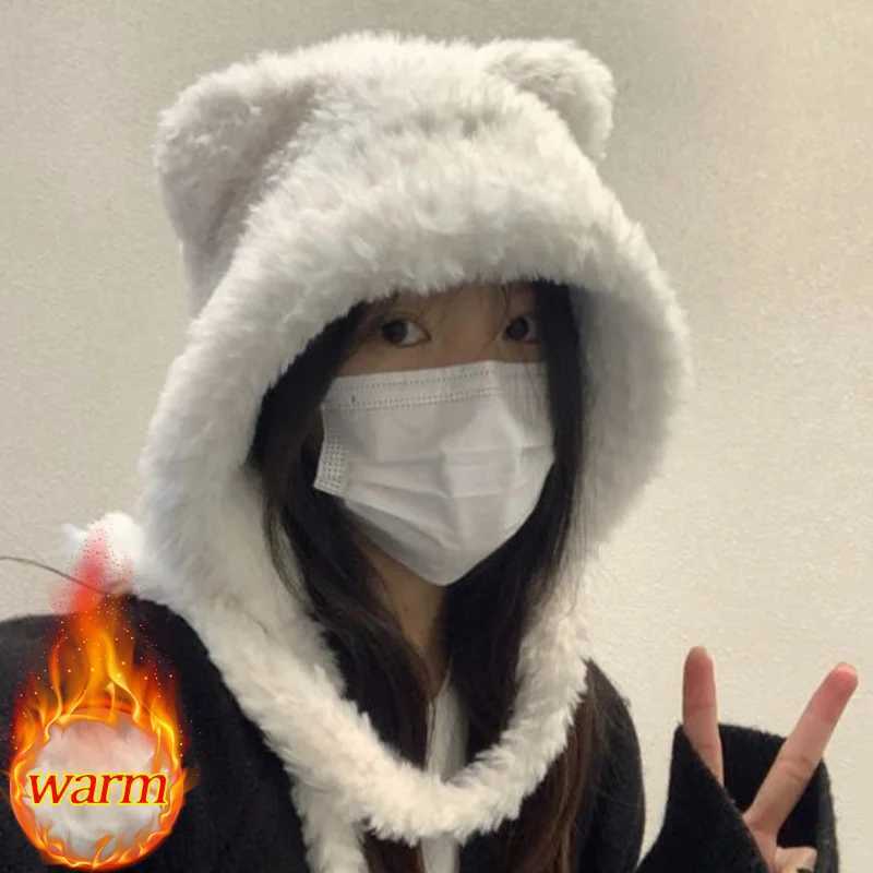 Fashionable Warm Bean Hat Winter Warmth Cute Bear Ear Hat Casual Plush Hat Warm Girl Ear Hoods Windproof Hat X241023