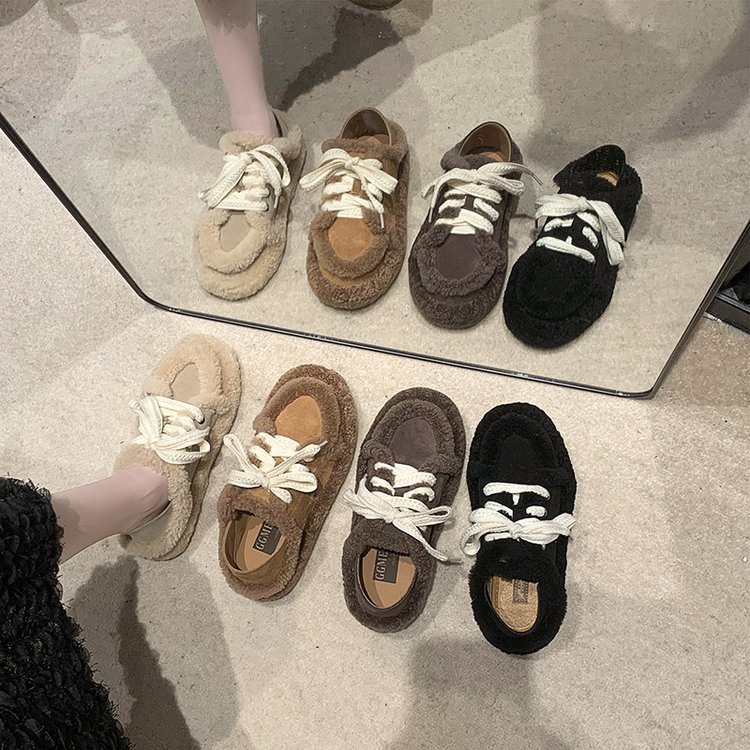 Autumn Winter New Lamb Wool Round Toe Lace Up Casual Flat Cotton Shoes