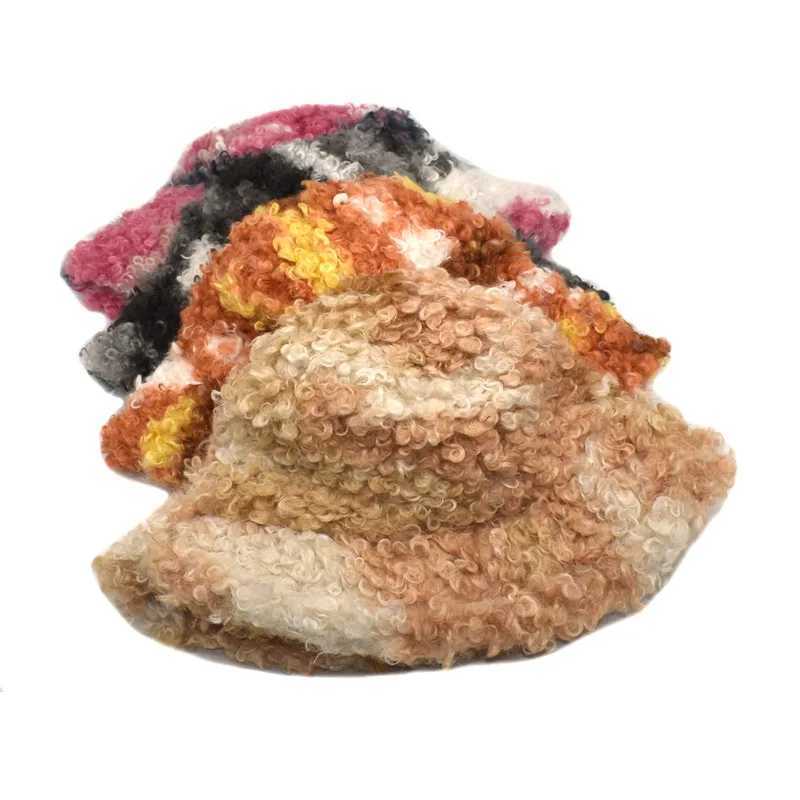 Bucket hat new winter base hat tie dye lamb wool trend female thigh fisherman hat autumn and winter hat X241023