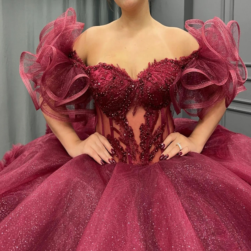 Red Quinceanera Dresses Off The Shoulder Sweet 16 Years Old Party Princess Appliques Lace Beads Crystal Tull Tiered Birthday Party Dress Vestido 15 De