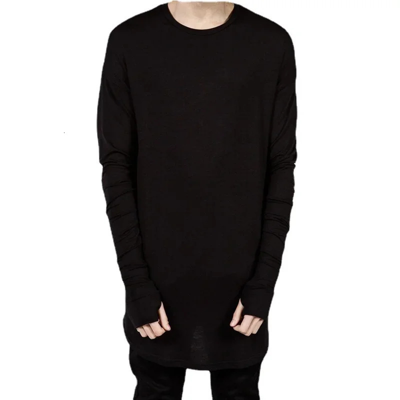 High quality hip-hop T-shirt mens long sleeved T-shirt with thumb hole cuffs T-shirt curved hem mens streetwear top plus size 241024