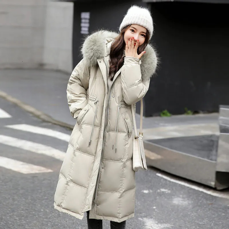 Winter Down Jacket Womens Mid length Knee length Warm White Duck Waist Cover Long Sleeve True Fur Leather Collar Coat 241023