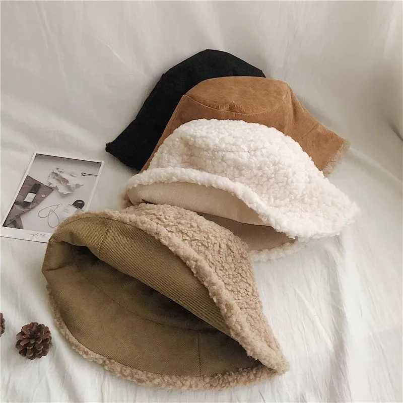 Warm Panama hat fluffy ladies coral fleece Ramsworth outdoor fisherman hat warm girls bilateral bucket hat X241023