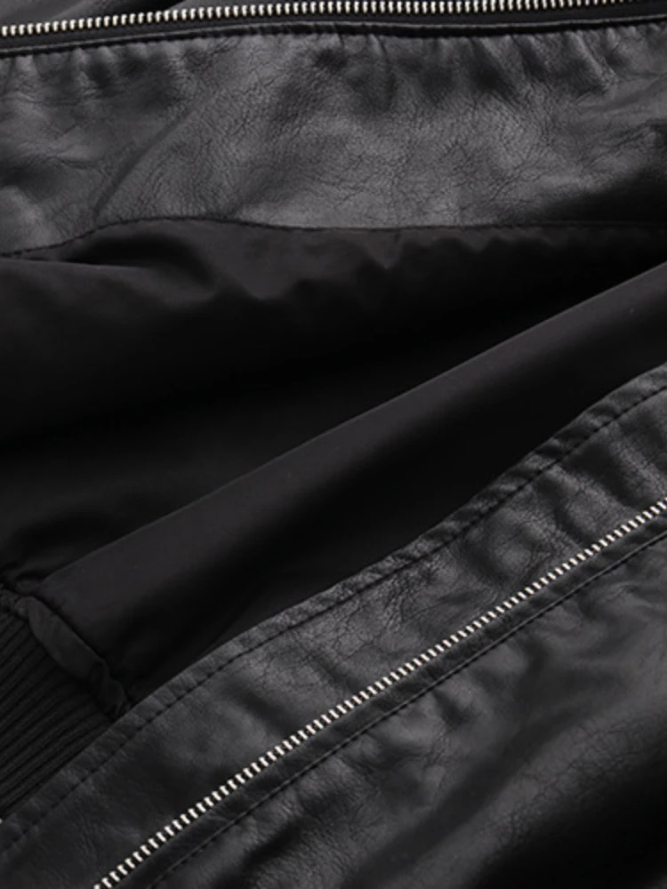 ZBZA Women's PU Leather Jacket Coat Solid Long Sleeves Crew Neck Zipper Pocket Bomber Short Outerwear Fall Winter New Female Top