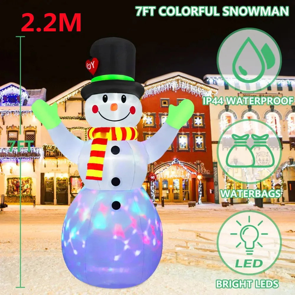 2.2M/7-foot Christmas inflatable green gloves snowman outdoor model with built-in rotating LED lights for indoor and outdoor Christmas decoration 2410