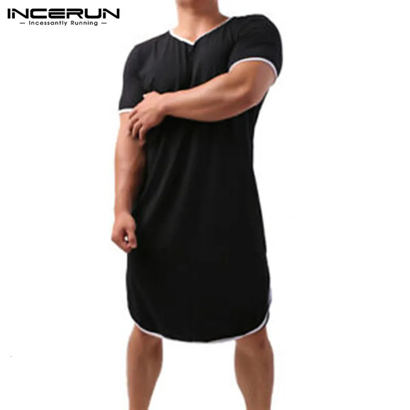 INCERUN mens patch work pajamas summer short sleeved V-neck mens loose and comfortable mens casual solid evening gown plus size 241023