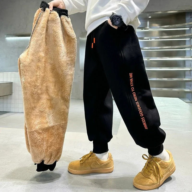 Boys Lambswool Thick Pants Winter Children Plush Velvet Cotton Trouser Childrens Sports Pants Youth Warm Snow Clothes 5-14Y 241024