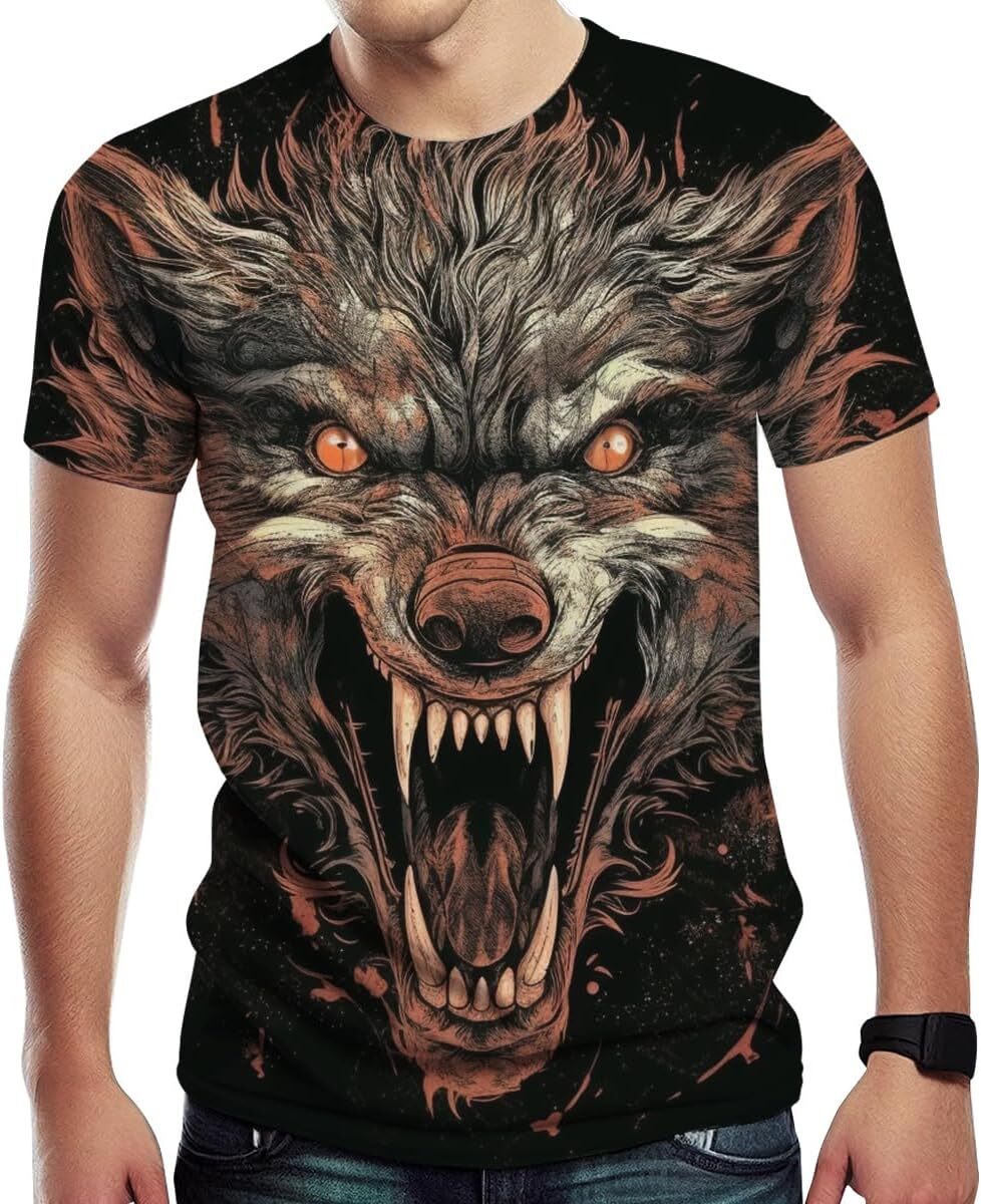 Mens T shirt Men's T Shirt with Wolf Graphic Print, Street Novelty Tee, Best Birthday Gifts tee Casual tops summer clothes stylish
