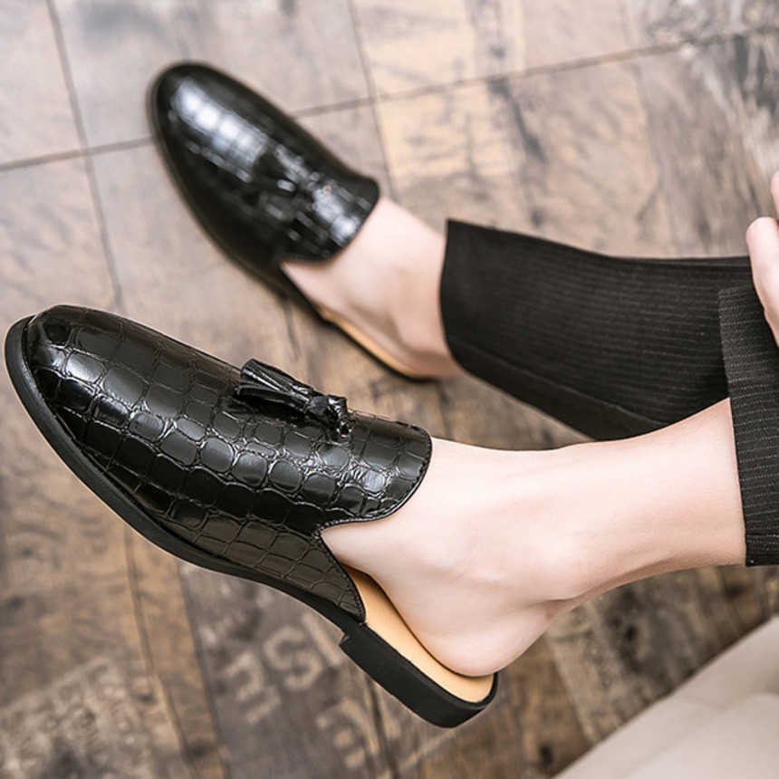 Men Dress Shoes New British Half Slippers Feet Tassel Small Leather Shoes Crocodile Pattern Trendy Casual Shoes 241009