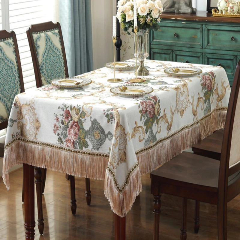 European retro dining tablecloth embroidered tablecloth with tassels floral cover elegant tablecloth decoration for living room 241024