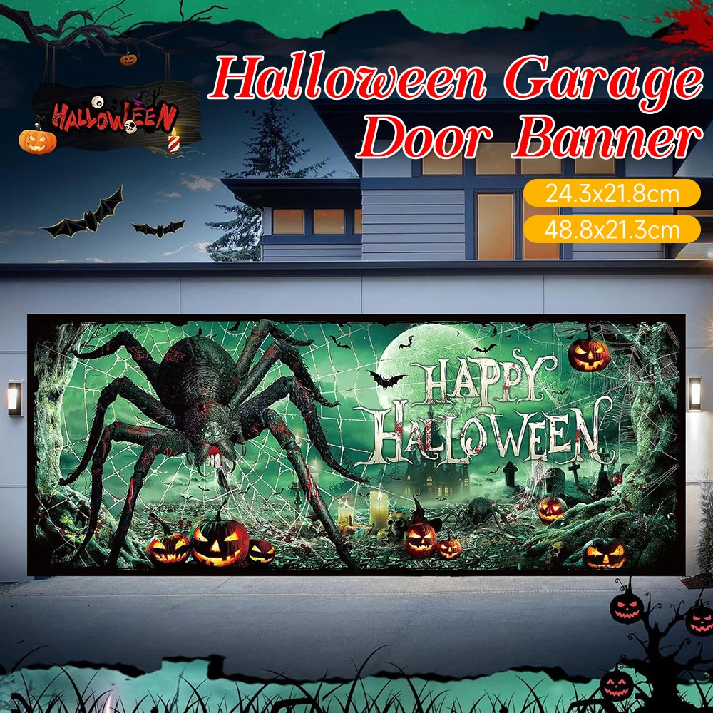 Halloween garage door banner haunted house pumpkin bloody hands Christmas gnome banner wall background decoration curtains 241023