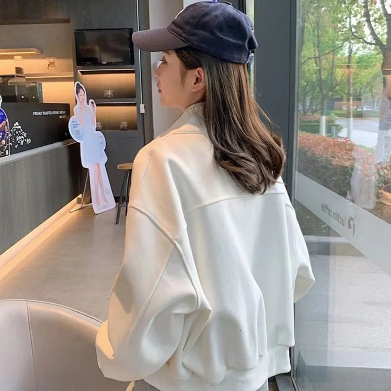 Y2K Womens Autumn Plush Thick Baseball Jacket Long Sleeve Sports Zipper Warm Jacket Short Stand Collar Ultra Thin Jacket 241024