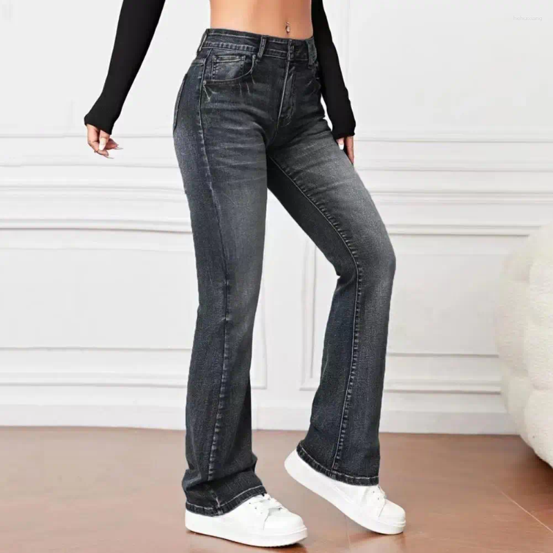 Women's Jeans: High-Waisted, Flared Hem, Gradient Color, Multi-Pockets, Button Zipper, Streetwear